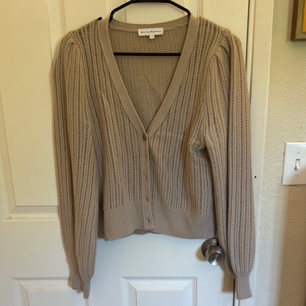 White and Warren Tan Ribbed Knit Cardigan V-Neck Sweater